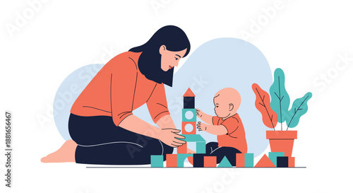 Loving mother and her baby bond while playing with colorful building blocks on the floor, fostering early development.