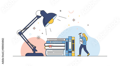 Tiny female student with a checklist walks by a huge stack of books illuminated by a giant desk lamp, symbolizing intense study.