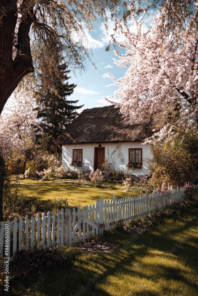 Fototapeta premium A white cottage with a thatched roof, pink cherry blossoms, and a white picket fence in a sunny garden. Concept Thatched Cottage, Cherry Blossoms, White Picket Fence, Sunny Garden, Idyllic Retreat