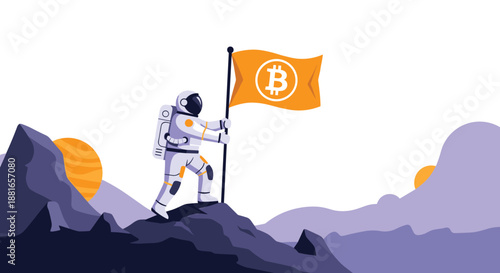 Astronaut plants a flag with the Bitcoin symbol on the moon, symbolizing the pioneering and rising value of cryptocurrency.