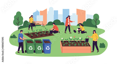 Diverse group of volunteers works together in a community garden, planting vegetables, sorting recycling, and beautifying the city.