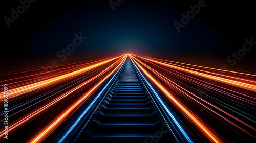 Vibrant light trails illuminate dark railway track, creating sense of speed and motion
