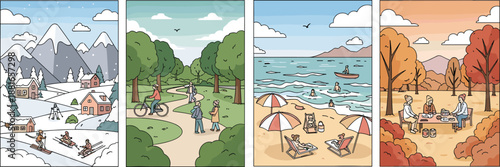 Seasonal lifestyle illustration set showing winter village, spring park walk, summer beach отдых, and autumn picnic scene, colorful flat design representing activities across four seasons