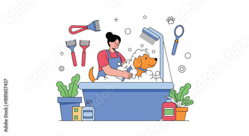 Professional pet groomer gives a happy dog a bubble bath in a tub, surrounded by various grooming tools like brushes and clippers.