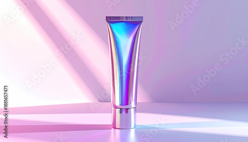 Iridescent cosmetic tube bathed in soft, colored light
