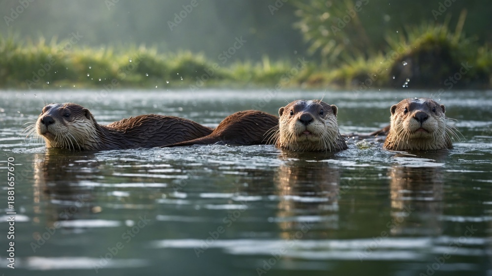 Fototapeta premium Three playful otters swimming in a serene lake surrounded by lush greenery at sunrise