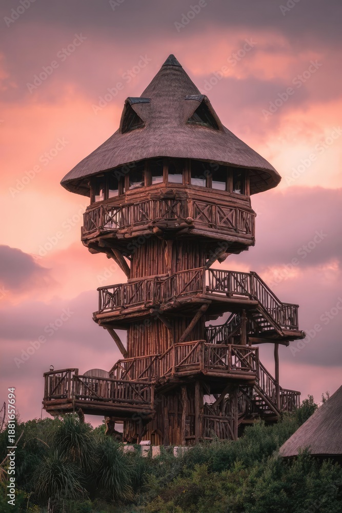 Naklejka premium A multi-level rustic wooden treehouse tower with a thatched roof and winding staircases, set against a pink sunset. Concept Rustic treehouse, Multi-level wooden tower, Thatched roof