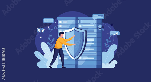 Cybersecurity expert holds a large shield to protect a server rack from digital threats, viruses, and hacking attempts.