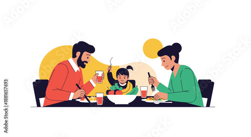 Happy family with a young daughter enjoys a healthy meal together, eating fresh fruit and sharing a joyful dinner time.