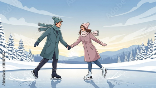 Couple ice skating hand in hand on a frozen lake in a snowy winter landscape romantic outdoor activity and seasonal fun