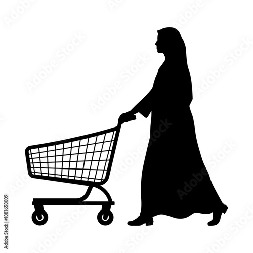 Black and white silhouette of a woman pushing a shopping cart without background.