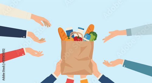 Hands hold out a bag of groceries to be shared with many other reaching hands, symbolizing charity, food donation, and support.