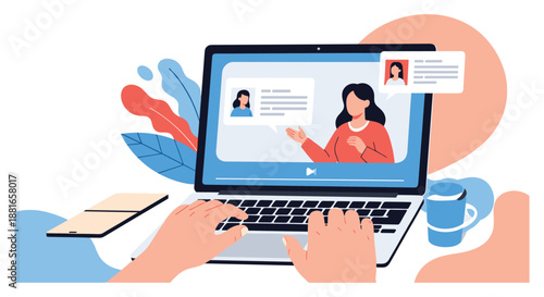 Person attends an online class by watching a video lecture from a female teacher on a laptop and typing notes at a desk.