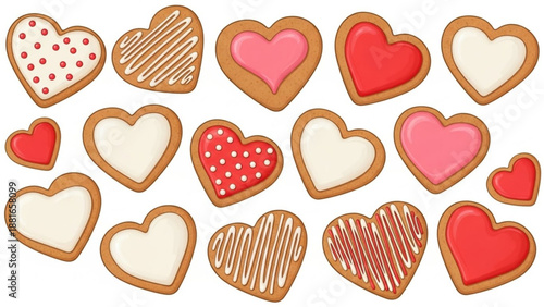Collection of heart shaped cookies decorated with icing and sprinkles perfect for Valentines Day or sweet treats isolated on white