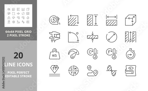 Line icons about measuring. Editable vector stroke. 64 and 256 Pixel Perfect scalable to 128px...
