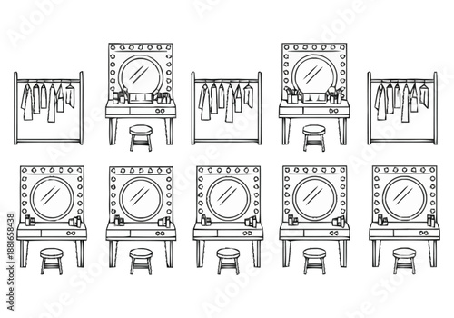 Collection of Vanity Tables Mirrors Stools and Clothing Racks Displaying Garments for Dressing Room or Boutique Presentation layout architecture