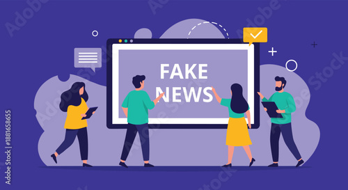 Group of people collaboratively create or analyze fake news on a large digital screen, representing misinformation and media.