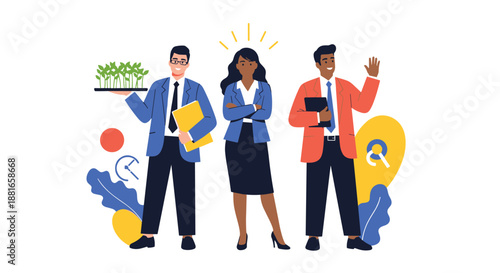 Diverse business team with a confident female leader, highlighting teamwork, startup growth, and corporate success.