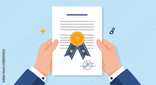 Hands holding a signed official certificate of achievement or diploma with a gold medal seal and blue ribbon for recognition.