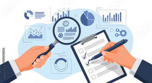 Auditor or analyst reviewing financial data with a magnifying glass over charts and graphs while marking a checklist on a clipboard.
