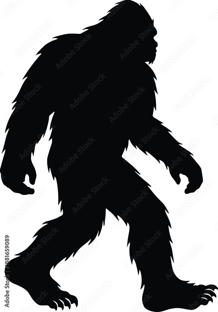 Fototapeta premium Bigfoot icon, black silhouette illustration, walking cryptid pose, wilderness theme, vector graphics, folklore and mystery creature design