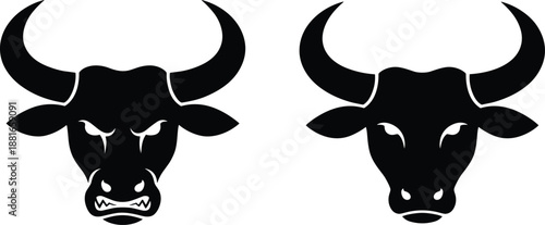 Bull head icon set, black silhouette illustrations, aggressive and calm expressions, horned animal theme, vector graphics, emotional contrast design