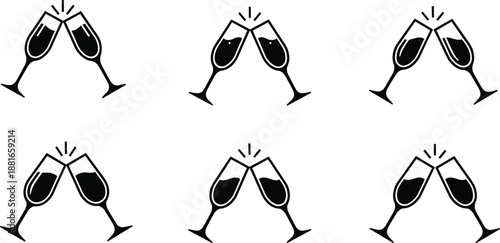 Champagne toast icon set, black silhouette illustrations, clinking glasses, celebration and festivity theme, vector graphics, party symbols