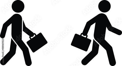 Businessperson icon set, black silhouette illustrations, walking poses with briefcases, mirrored commuter theme, vector graphics, employment and transit design