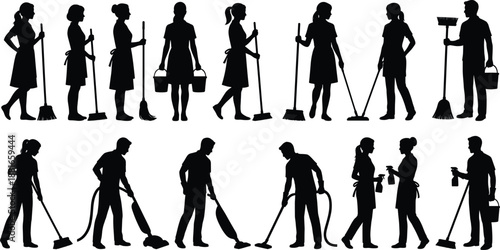 Cleaning icon set, black silhouette illustrations, men and women with tools, mops, vacuums, spray bottles, hygiene theme, vector graphics