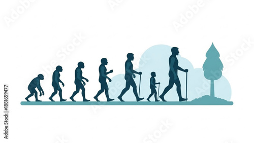A vector graphic illustration of human evolution from ape to elderly person