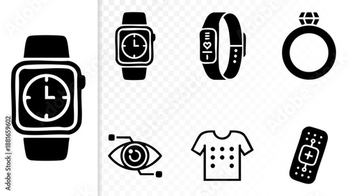 Set of 6 Minimal Wearable Tech Icons Isolated White Background Smartwatch Fitness Tracker Smart Ring AR Lenses