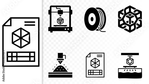 Set of 6 Minimal 3D Printing Additive Mfg Icons Isolated White Background FDM Resin Laser Blueprint