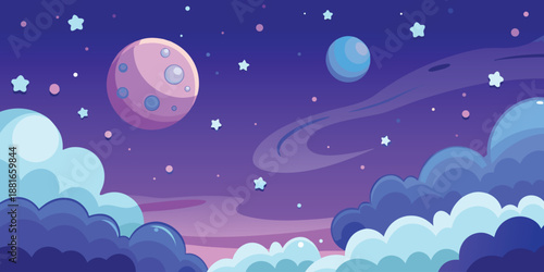 A bright full moon and glowing stars illuminate a dark blue night sky over a peaceful winter landscape vector illustration 