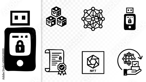 Set of 6 Minimal Blockchain & Web3 Icons Isolated White Background NFT DAO Wallet