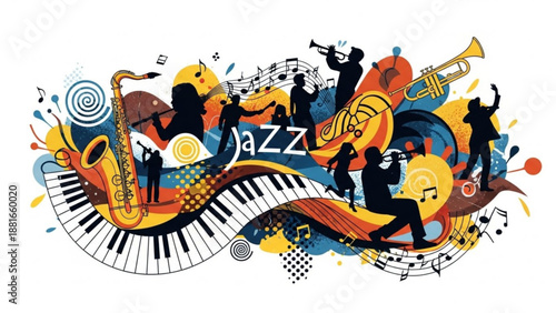 A vibrant illustration of jazz musicians playing instruments in a colorful design