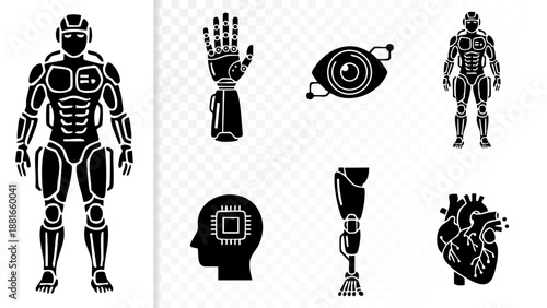 Set of 6 Minimal Cybernetics & Augmentation Icons Isolated White Background Bionic Arm Eye Exoskeleton