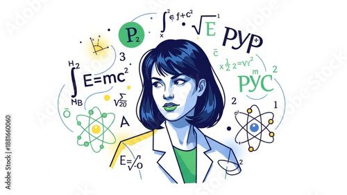 A female scientist surrounded by mathematical equations and atomic structures in a vector illustration