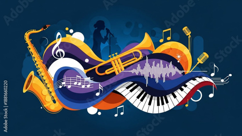 A vibrant vector graphic illustration of musical instruments and symbols