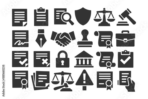 Law and legal icons collection: documents, scales, gavel, and certification symbols.