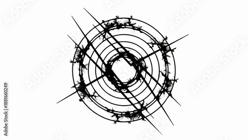 Abstract circular geometric pattern with sharp lines and a central square shape, creating a dynamic and modern design.