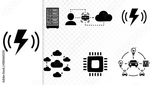 Set of 6 Minimal Edge Computing Icons Isolated White Background Micro Data Center IoT Gateway Local Processing