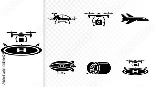 Set of 6 Minimal Future Aviation Icons Isolated White Background eVTOL Drone Hyperloop Vertiport