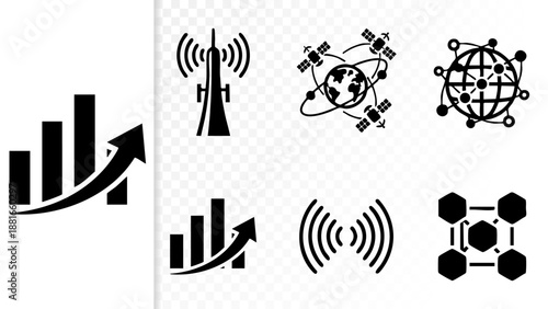 Set of 6 Minimal Future Connectivity 6G Icons Isolated White Background Satellite Mesh Signal