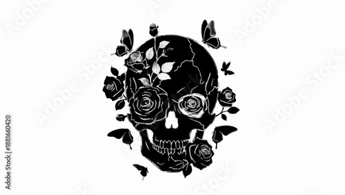 Artistic black skull adorned with roses and butterflies on a white background