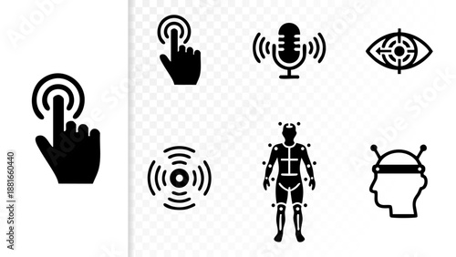 Set of 6 Minimal Human Machine Interaction HMI Icons Isolated White Background Touch Voice Haptic Motion
