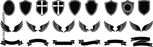 Heraldic icon set, black silhouette illustrations, shields, wings, ribbon banners, emblem theme, vector graphics, crest and decorative design