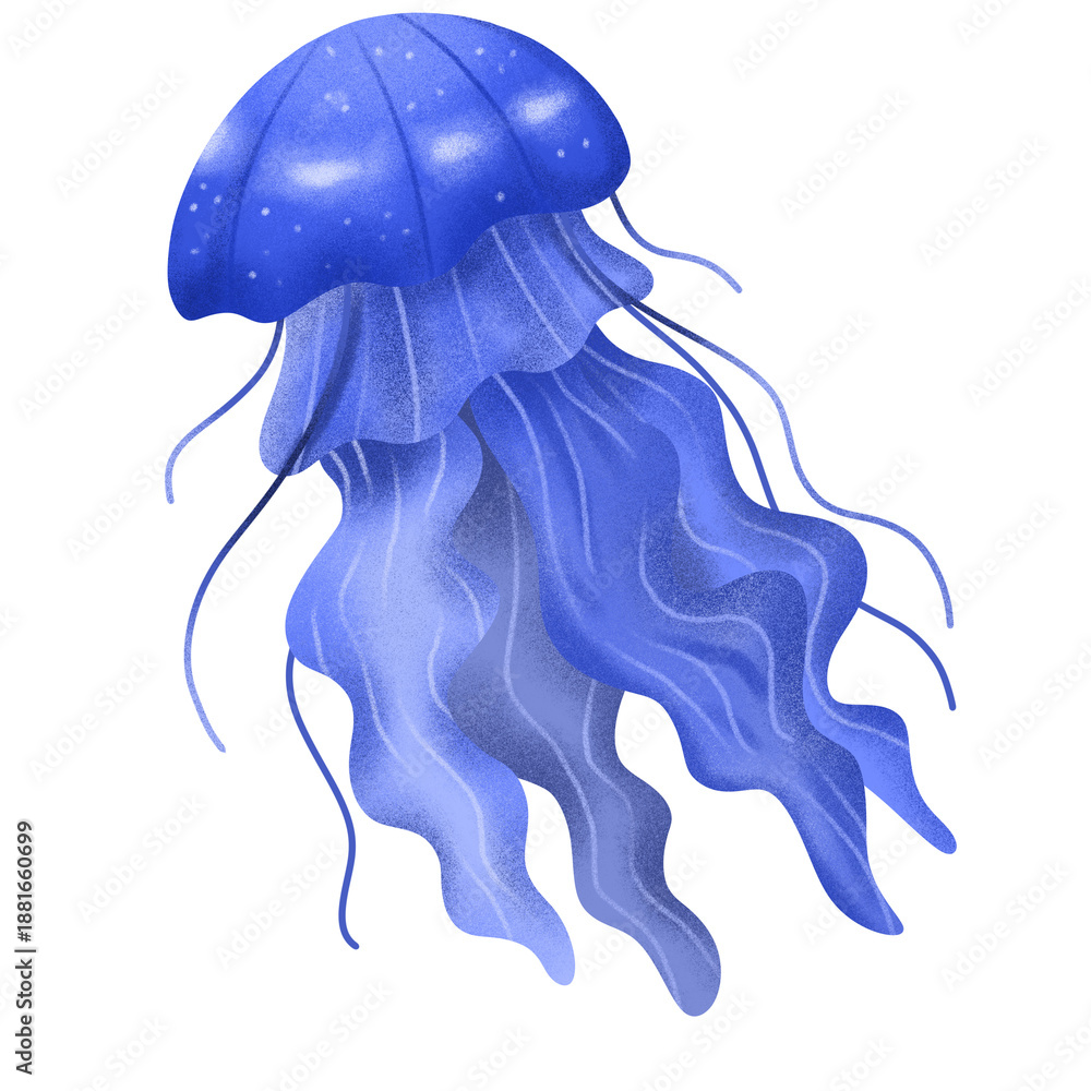 Fototapeta premium Blue Jellyfish Watercolor Illustration Underwater Marine Life Isolated