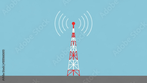 A red and white cell tower emitting signals against a blue background