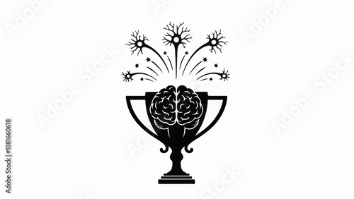 Trophy with a brain inside and sparks of ideas erupting, symbolizing intellectual achievement and innovation.