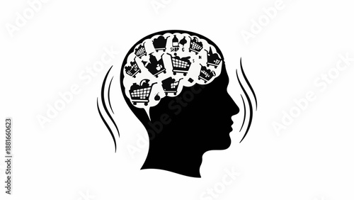 Overwhelmed mind filled with shopping carts, symbolizing consumerism and excessive buying.